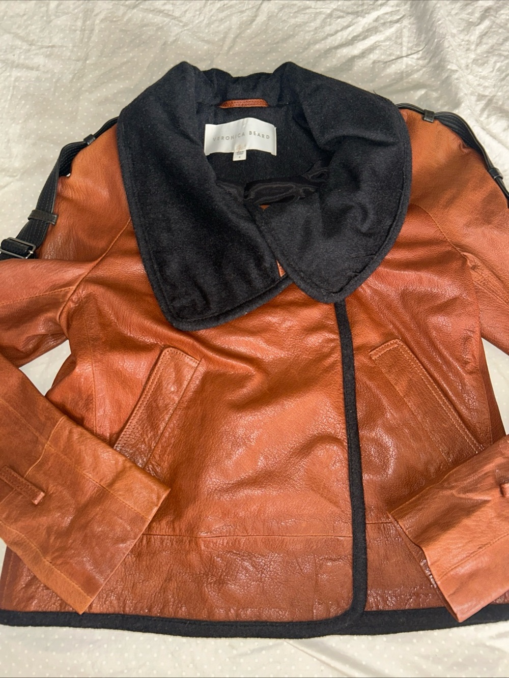 Veronica Beard Lafayette Funnel Neck Jacket Brown Leather Black Accent Size 4